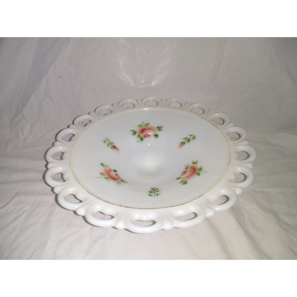 Doric Anchor Hocking milk glass roses footed candy bowl